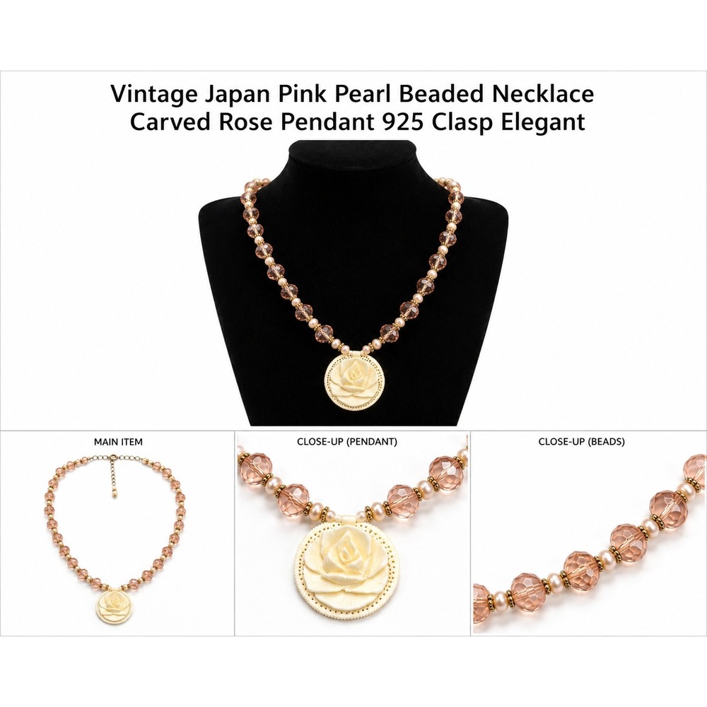 Vintage Japan Pink Pearl Beaded Necklace Carved‎ Rose Pendant 925 Sterling Clasp